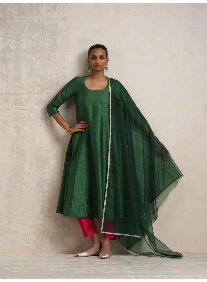 trueBrowns Dark Green Anarkali Kurta Pant Dupatta Set - Image 5
