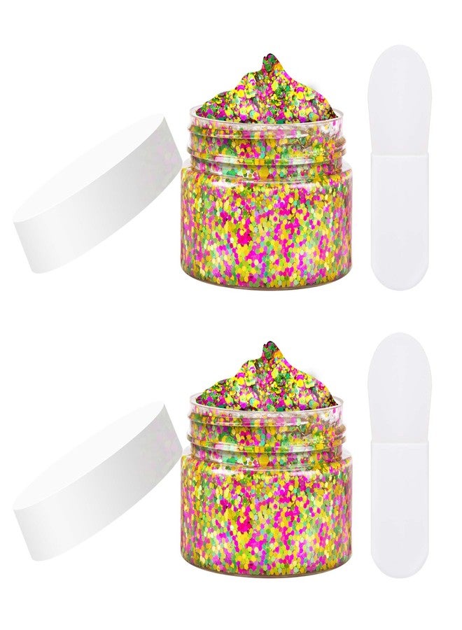Wehhbtye 2 Set Mardi Gras Face Glitter, 3.5oz Gold Green Purple Body Glitter Gels with 2 Silicone Brush, Festive Chunky Sequins Gel for Women Body Hair Nail Makeup Party Costumes Decoration - Image 1