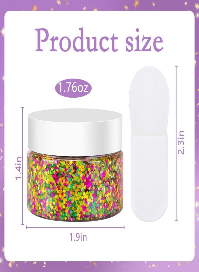 Wehhbtye 2 Set Mardi Gras Face Glitter, 3.5oz Gold Green Purple Body Glitter Gels with 2 Silicone Brush, Festive Chunky Sequins Gel for Women Body Hair Nail Makeup Party Costumes Decoration - Image 2