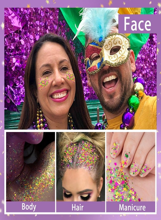 Wehhbtye 2 Set Mardi Gras Face Glitter, 3.5oz Gold Green Purple Body Glitter Gels with 2 Silicone Brush, Festive Chunky Sequins Gel for Women Body Hair Nail Makeup Party Costumes Decoration - Image 3
