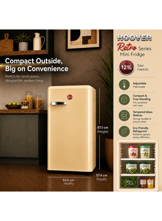 Hoover-123L Retro Style Single Door Refrigerator, Compact Free Standing Fridge with Freezer, Tempered Glass Shelves, Adjustable Thermostat, Eco-Friendly, 1 Year Warranty, Cream - HSD-K123-RW 123 L HSD-K123-RW Cream - Image 2
