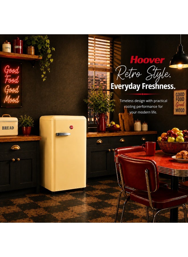 Hoover-123L Retro Style Single Door Refrigerator, Compact Free Standing Fridge with Freezer, Tempered Glass Shelves, Adjustable Thermostat, Eco-Friendly, 1 Year Warranty, Cream - HSD-K123-RW 123 L HSD-K123-RW Cream - Image 3
