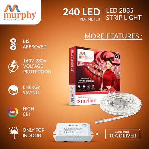 Murphy 45W LED Strip Light 2835 High Lumen 5 Metre (240 LEDs/Mtr) Cool White – 12V DC 10A Driver Included | Cove/False Ceiling/Decor Light (Pack of 1, 1-Year Warranty) - Image 3