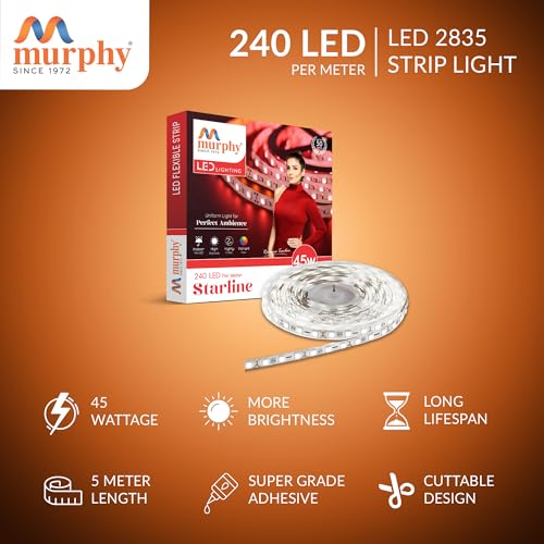 Murphy 45W LED Strip Light 2835 High Lumen 5 Metre (240 LEDs/Mtr) Cool White – 12V DC 10A Driver Included | Cove/False Ceiling/Decor Light (Pack of 1, 1-Year Warranty) - Image 2