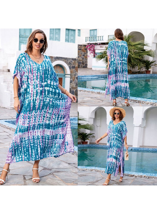 European And American Rayon Tie-dyed Beach Jumpsuit Long Dress Loose Robe Bikini Swimsuit Outer Blouse Sun Protection Shirt-Color:ZS1657-28 Blue And Purple Series-  - Image 1