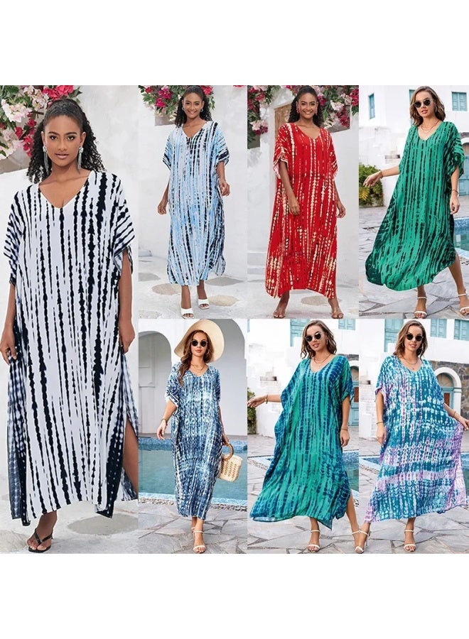 European And American Rayon Tie-dyed Beach Jumpsuit Long Dress Loose Robe Bikini Swimsuit Outer Blouse Sun Protection Shirt-Color:ZS1657-28 Blue And Purple Series-  - Image 2