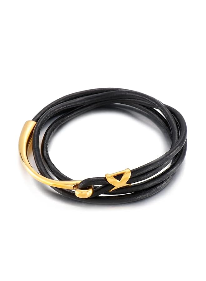 AC&L Multi Layer Genuine Leather And Gold Stainless Steel Bracelet Black Gold - Image 1