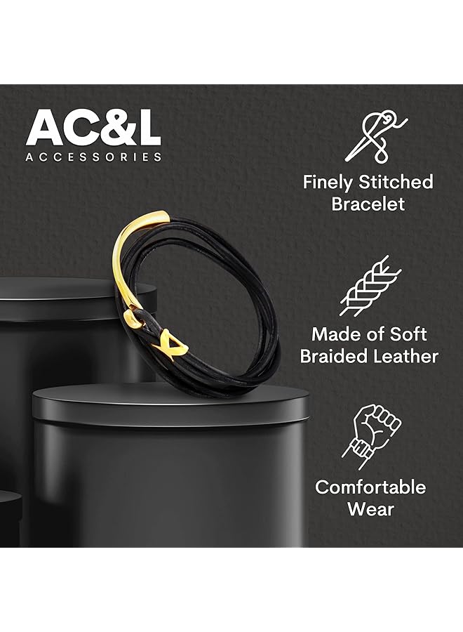 AC&L Multi Layer Genuine Leather And Gold Stainless Steel Bracelet Black Gold - Image 2