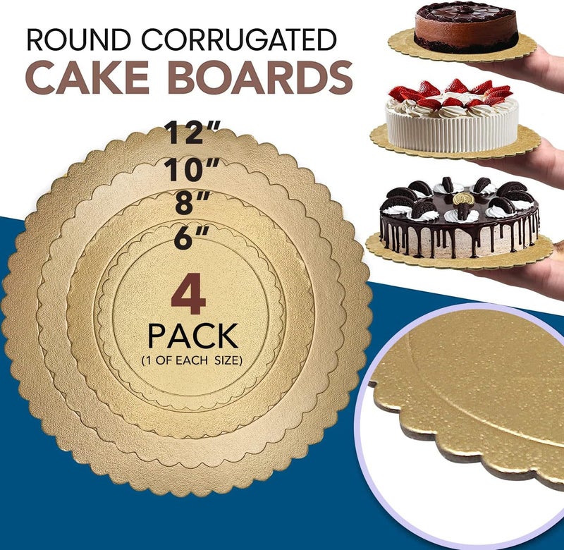 Goiio 4 Pack Cake Boards Golden Round Cake Circles 6, 8, 10, 12 Inch Cake Base Cardboard, 1 of Each Size Set for Baking Cake, Gold - Image 2