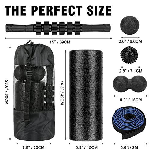 BORNEW Foam Roller Set - High Density Back Roller, Muscle Roller Stick,2 Foot Fasciitis Ball, Stretching Strap, Peanut Massage Ball for Whole Body Physical Therapy & Exercise, Back Pain, Leg, Deep Tissue - Image 2