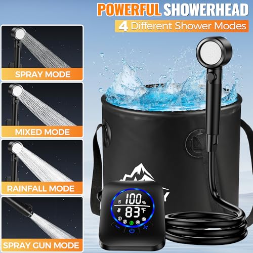 Pankay Portable Shower for Camping, 8000mAh Rechargeable Camping Shower Pump with XL Foldable Bucket, IPX8 Waterproof, Surrounding Water Inlet, 5 Pressure Modes Outdoor Shower Pump for Hiking, Travel, Pet - Image 3