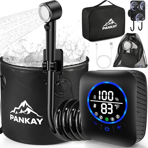 Pankay Portable Shower for Camping, 8000mAh Rechargeable Camping Shower Pump with XL Foldable Bucket, IPX8 Waterproof, Surrounding Water Inlet, 5 Pressure Modes Outdoor Shower Pump for Hiking, Travel, Pet - Image 1