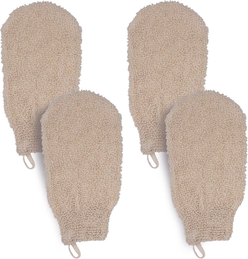 (4 Pack) Natural Exfoliating Cotton Bath Mitt Shower Gloves Loofah Washcloth Sponge Machine Washable Body Scrubber (Gentle Ramie)
