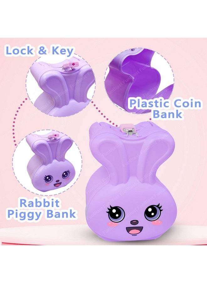 فنبلاست صندوق عملات فان بلاست باني للأطفال - حصالة نقود بتصميم كرتوني لطيف على شكل أرنب مع قفل ومفتاح، حصالة نقود بلاستيكية لتوفير المال، جولاك للأطفال، هدايا عيد ميلاد للأطفال (أرجواني) - Image 2