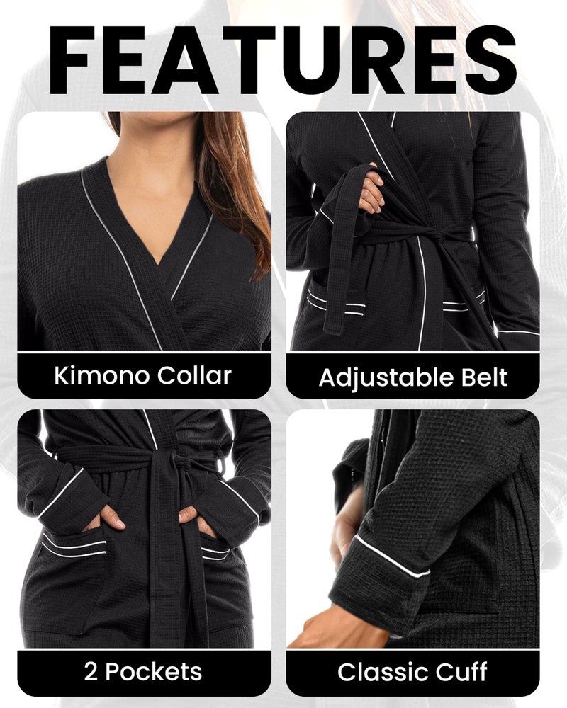 NY Threads Womens Robe Soft Knit Waffle Bathrobe Lightweight Knee-Length Loungewear, Large, Black - Image 3