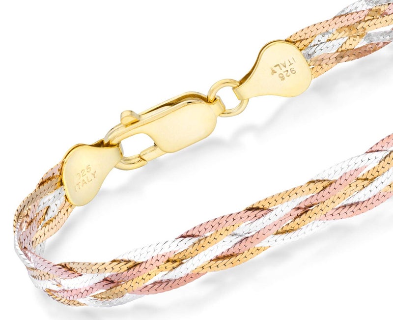 Miabella Italian 925 Sterling Silver, Tri-Color 18K Gold Plated 6-Strand Diamond-Cut 7mm Braided Herringbone Chain Bracelet for Women, Made in Italy (Tri-Color, Length 7.25 Inches) - Image 4