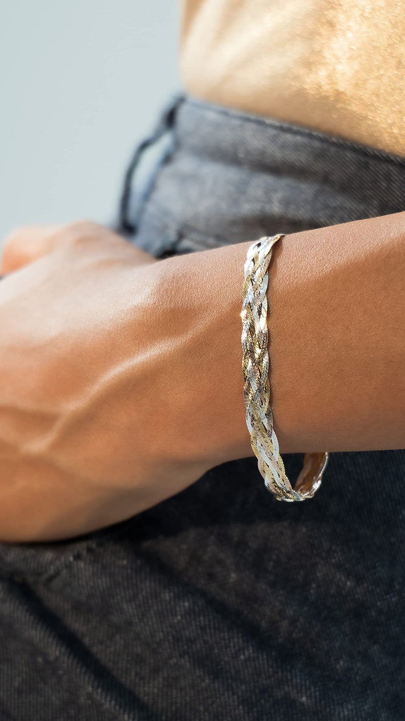 Miabella Italian 925 Sterling Silver, Tri-Color 18K Gold Plated 6-Strand Diamond-Cut 7mm Braided Herringbone Chain Bracelet for Women, Made in Italy (Tri-Color, Length 7.25 Inches) - Image 2