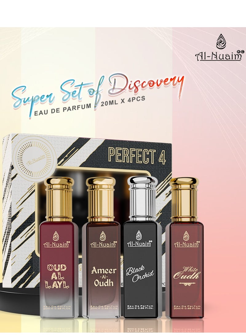 Al Nuaim Al-Nuaim Prefect4 EDP Gift Set of 4 For Men & Women (4 X 20ml) | Ameer Al Oudh | Black Orchid |Oudh Al Layl | White Oudh |Long Lasting Fragrance - Image 1