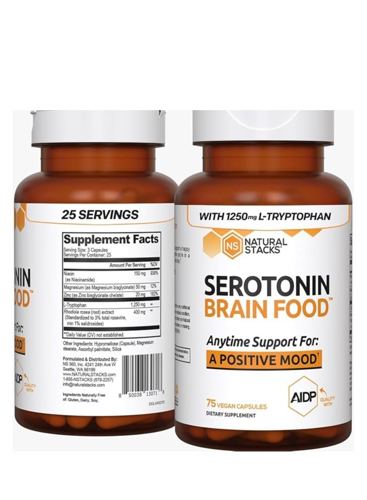 NATURAL STACKS Serotonin Brain Food w/L-Tryptophan & Rhodiola Rosea - Mood Support Supplement - Promotes Positive Mood, Calmness, Stress Relief - Happy Mood & Brain Support Supplement - 75 Capsules - Image 1