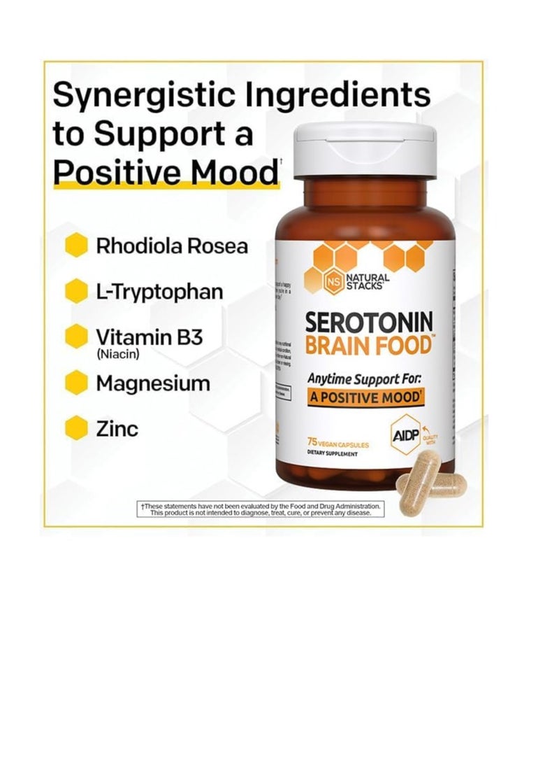 NATURAL STACKS Serotonin Brain Food w/L-Tryptophan & Rhodiola Rosea - Mood Support Supplement - Promotes Positive Mood, Calmness, Stress Relief - Happy Mood & Brain Support Supplement - 75 Capsules - Image 5