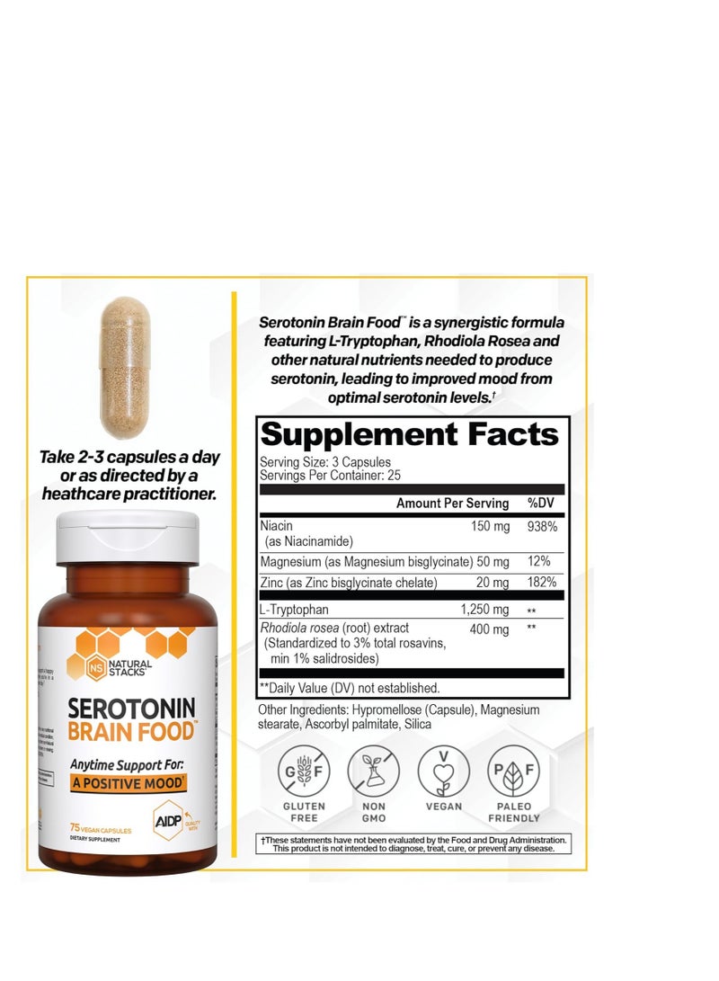 NATURAL STACKS Serotonin Brain Food w/L-Tryptophan & Rhodiola Rosea - Mood Support Supplement - Promotes Positive Mood, Calmness, Stress Relief - Happy Mood & Brain Support Supplement - 75 Capsules - Image 3