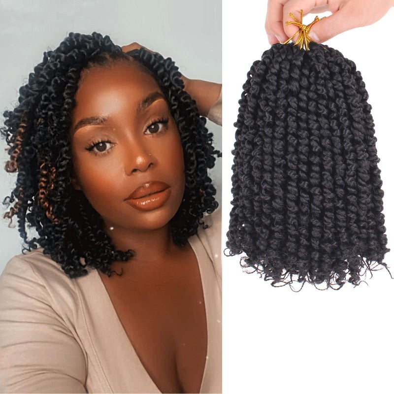 Leeven Pre Twisted Passion Twist Hair 8 Packs 8 Inch Natural Black Pre Looped Crochet Braids Hair Short Bomb Bohemian Braids Synthetic Braiding Hair Extensions for Women 1B