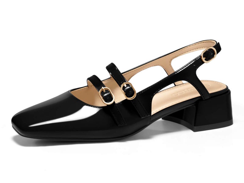 Coutgo Womens Mary Jane Chunky Low Heels Slingback Pumps Closed Square Toe Wedding Dress Shoes, Black, Size 8 - Image 1