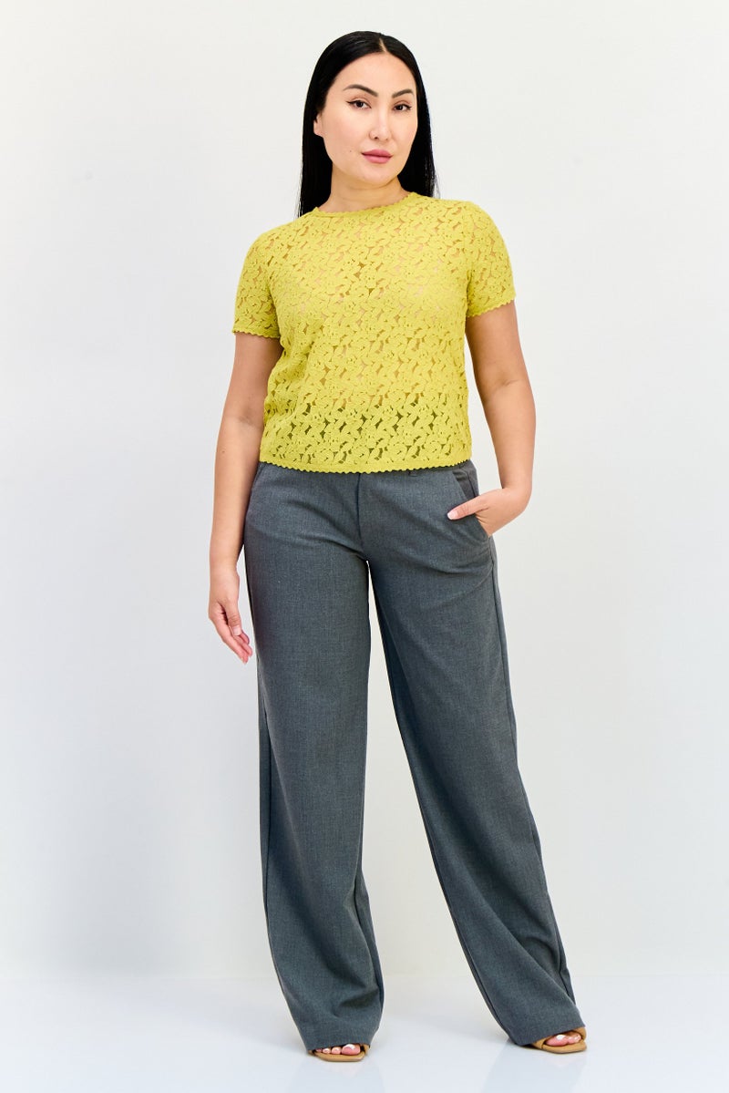 ONLY Women Crew Neck Short Sleeve Crochet Blouse, Yellow  - Image 4