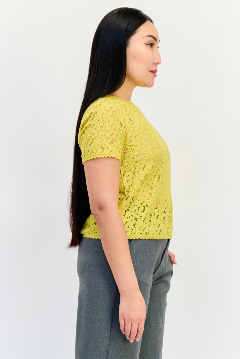 ONLY Women Crew Neck Short Sleeve Crochet Blouse, Yellow  - Image 2