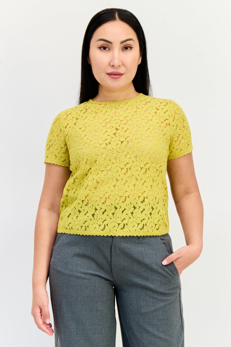 ONLY Women Crew Neck Short Sleeve Crochet Blouse, Yellow  - Image 1