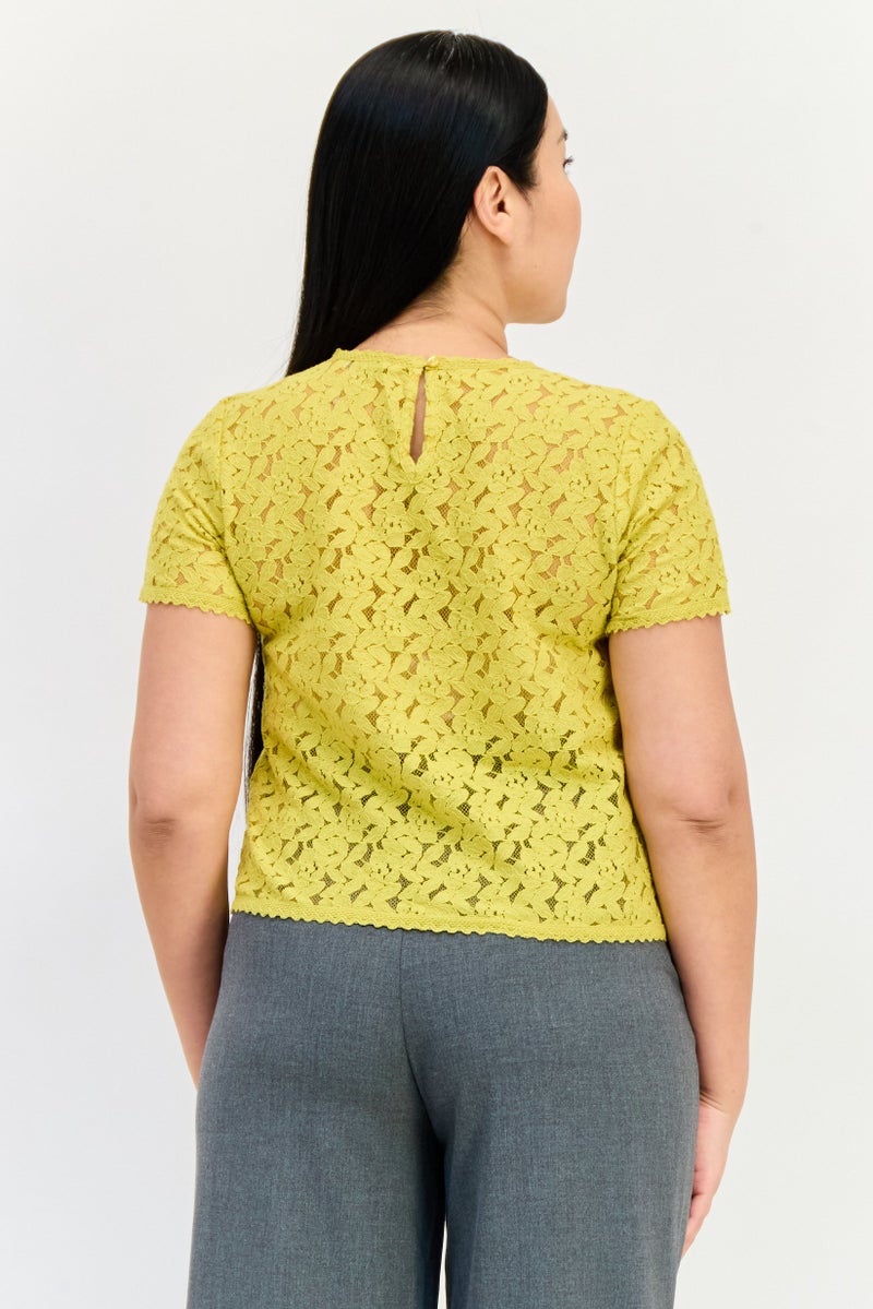 ONLY Women Crew Neck Short Sleeve Crochet Blouse, Yellow  - Image 3