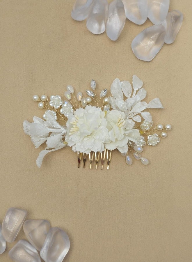 Twinsho Bridal Hair Comb with White Floral Design, Pearl and Crystal Accents, Gold-Toned Metal, Wedding Flower Hair Comb for Women - Image 2