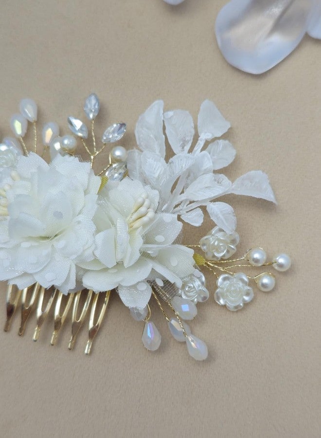 Twinsho Bridal Hair Comb with White Floral Design, Pearl and Crystal Accents, Gold-Toned Metal, Wedding Flower Hair Comb for Women - Image 4