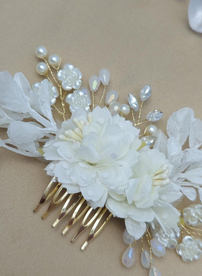Twinsho Bridal Hair Comb with White Floral Design, Pearl and Crystal Accents, Gold-Toned Metal, Wedding Flower Hair Comb for Women - Image 5