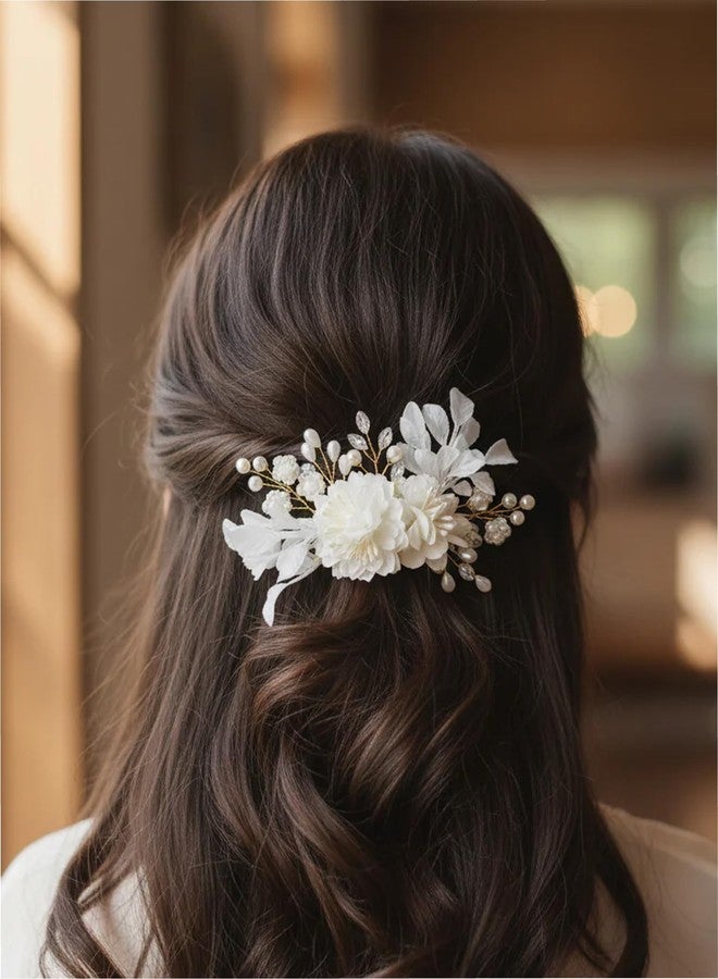 Twinsho Bridal Hair Comb with White Floral Design, Pearl and Crystal Accents, Gold-Toned Metal, Wedding Flower Hair Comb for Women - Image 1