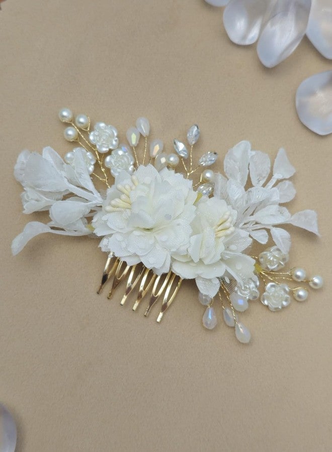 Twinsho Bridal Hair Comb with White Floral Design, Pearl and Crystal Accents, Gold-Toned Metal, Wedding Flower Hair Comb for Women - Image 3