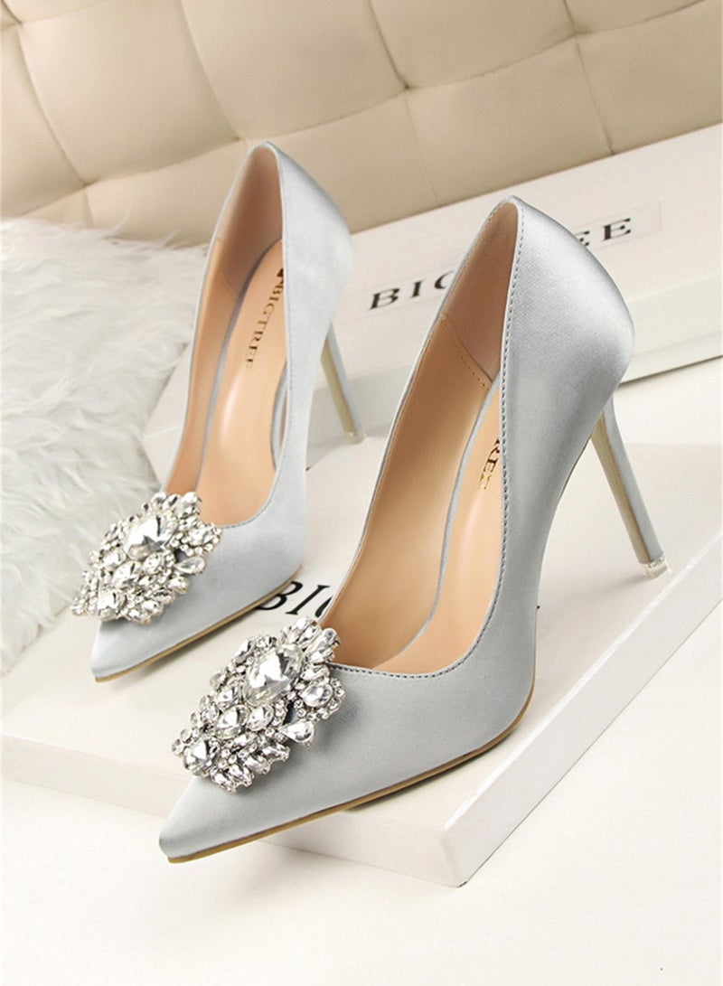 BIGTREE 10cm Rhinestone Slim Shallow Mouth Pointy Shiny Rhinestone Buckle Heels Silver  - Image 1