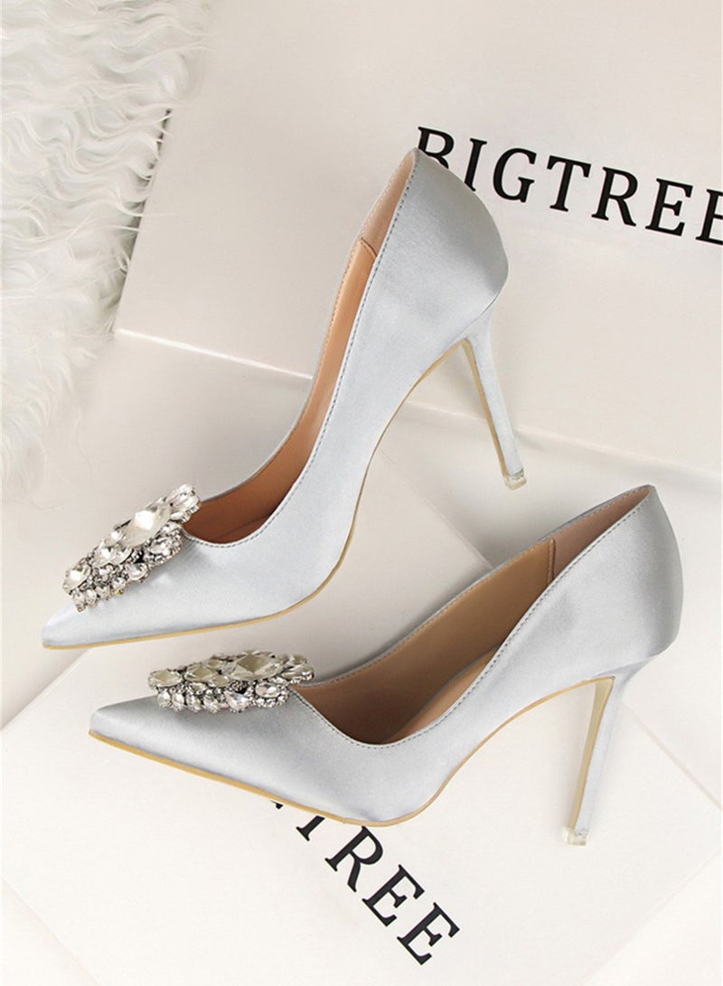 BIGTREE 10cm Rhinestone Slim Shallow Mouth Pointy Shiny Rhinestone Buckle Heels Silver  - Image 2