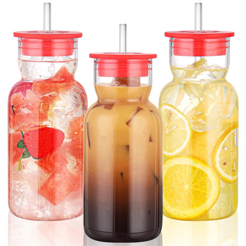 CWHHRN 17 oz Glass Cups with Lid and Straw, Glass Tumbler with Straw and Lid, Vintage Glassware for Whiskey Cocktail Beer Juice, Iced Coffee Cups with Lid (3 PACK) - Image 1