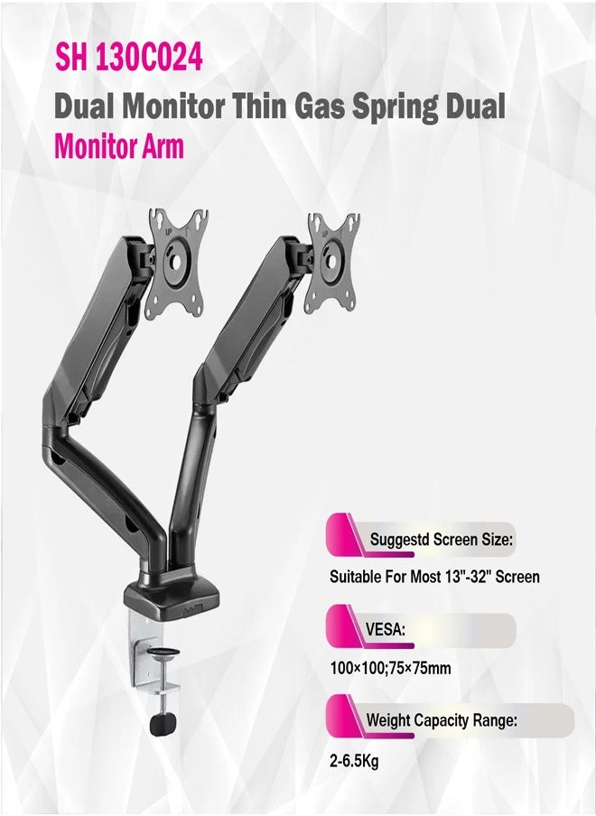 Skill Tech SH130 C024 Dual Monitor Display Gas Spring Aluminum Monitor Arm for 13"-32" Screens, VESA 100x100, 12kg Load Capacity – Black  - Image 4