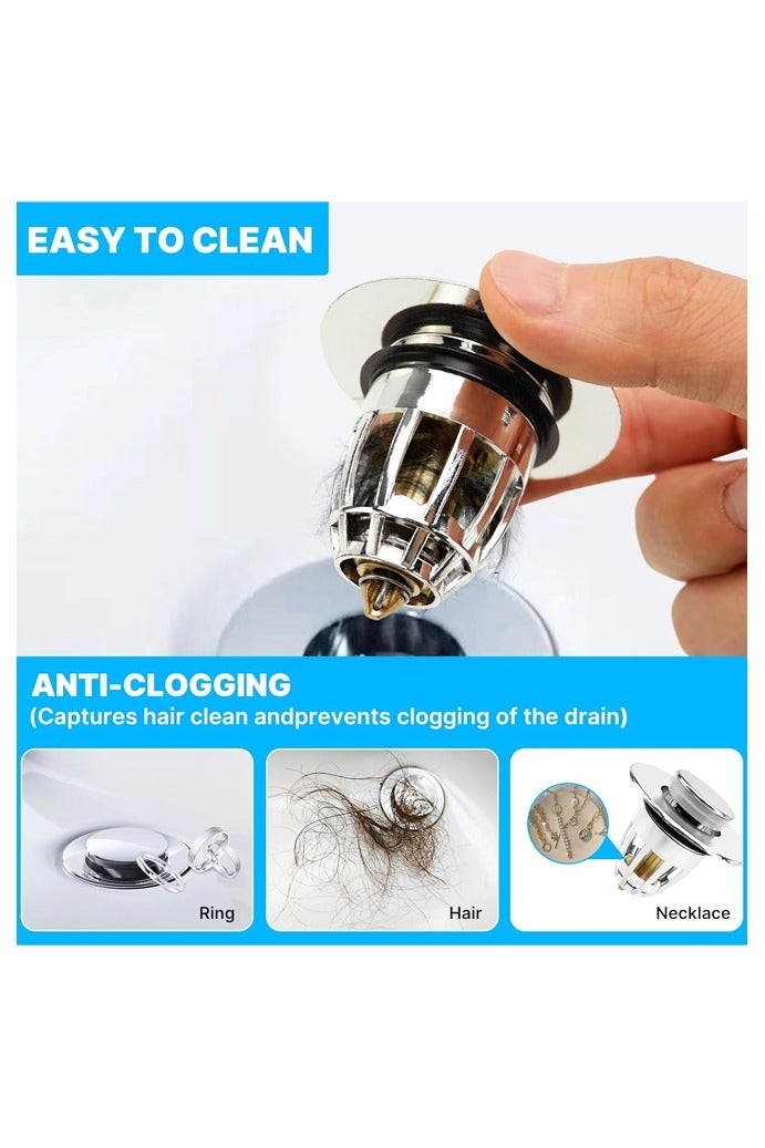 قطعتان من سدادة حوض الحمام المتينة مع فلتر مضاد للانسداد، سدادة تصريف من النوع المضغوط لحوض الغسيل، سهلة التنظيف، تمنع انسداد الشعر والتسربات - Image 4