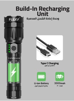 فليكسي مصباح يدوي LED قابل لإعادة الشحن من FLEXY: 1060LM CREE LED، 30 وات، تغطية 1500 متر، بطارية 3000 مللي أمبير، 2 ساعة عالية/5 ساعات منخفضة، شحن لمدة 3 ساعات، كفالة عامين  - Image 4