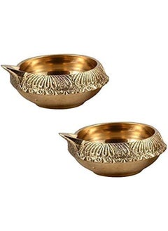 QUESERA Handmade Set of 2 Indian Puja Brass Oil Lamp Golden Diya Lamp Engraved Design Dia 