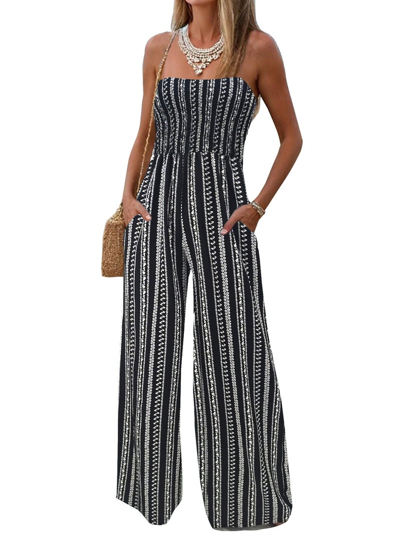 AUXDIO Womens Casual Strapless Summer Jumpsuits Loose Off Shoulder Smocked Sleeveless Wide Leg Romper with Pockets 13 Small - Image 1