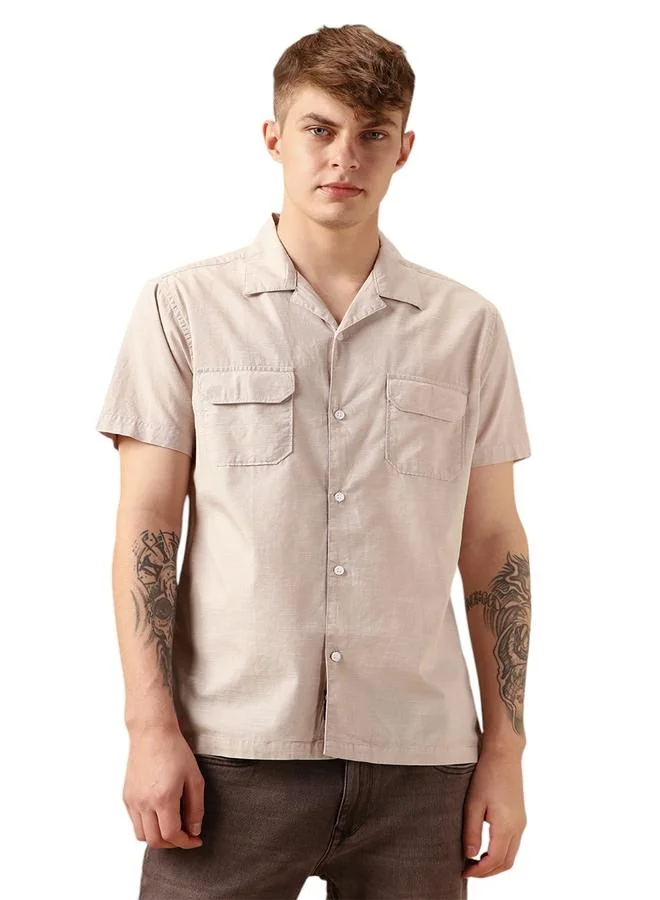 Dennis Lingo Relaxed Fit 100% Cotton Beige Casual Shirt Cuban Collar