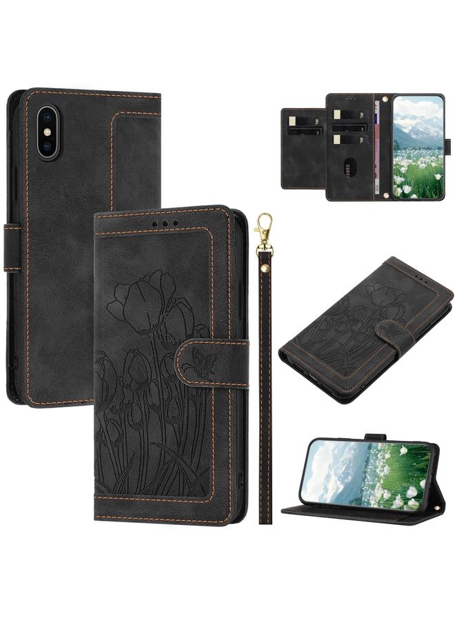 S-TOP Case For iPhone XS / X Tulips Embossed Leather Phone Case with Lanyard - Image 1