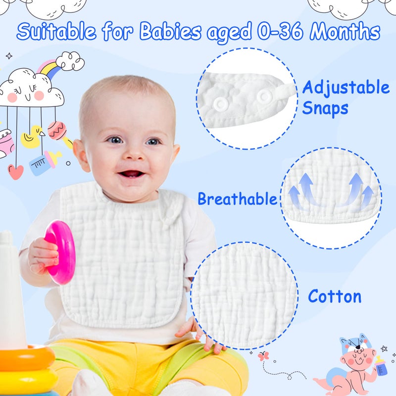 Zainpe 6Pcs Snap Muslin Cotton Baby Bibs White Adjustable Drool Bib with 6 Absorbent Soft Layers, Machine Washable Unisex Burp Cloths for 3 to 36 Months Boys Girls Infant Newborn Toddler - Image 3