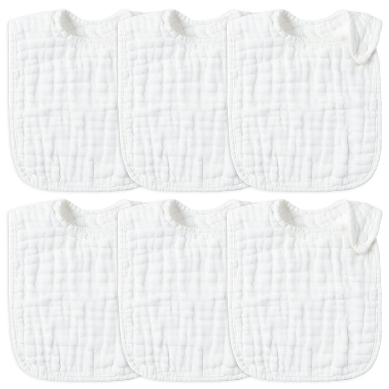 Zainpe 6Pcs Snap Muslin Cotton Baby Bibs White Adjustable Drool Bib with 6 Absorbent Soft Layers, Machine Washable Unisex Burp Cloths for 3 to 36 Months Boys Girls Infant Newborn Toddler - Image 1
