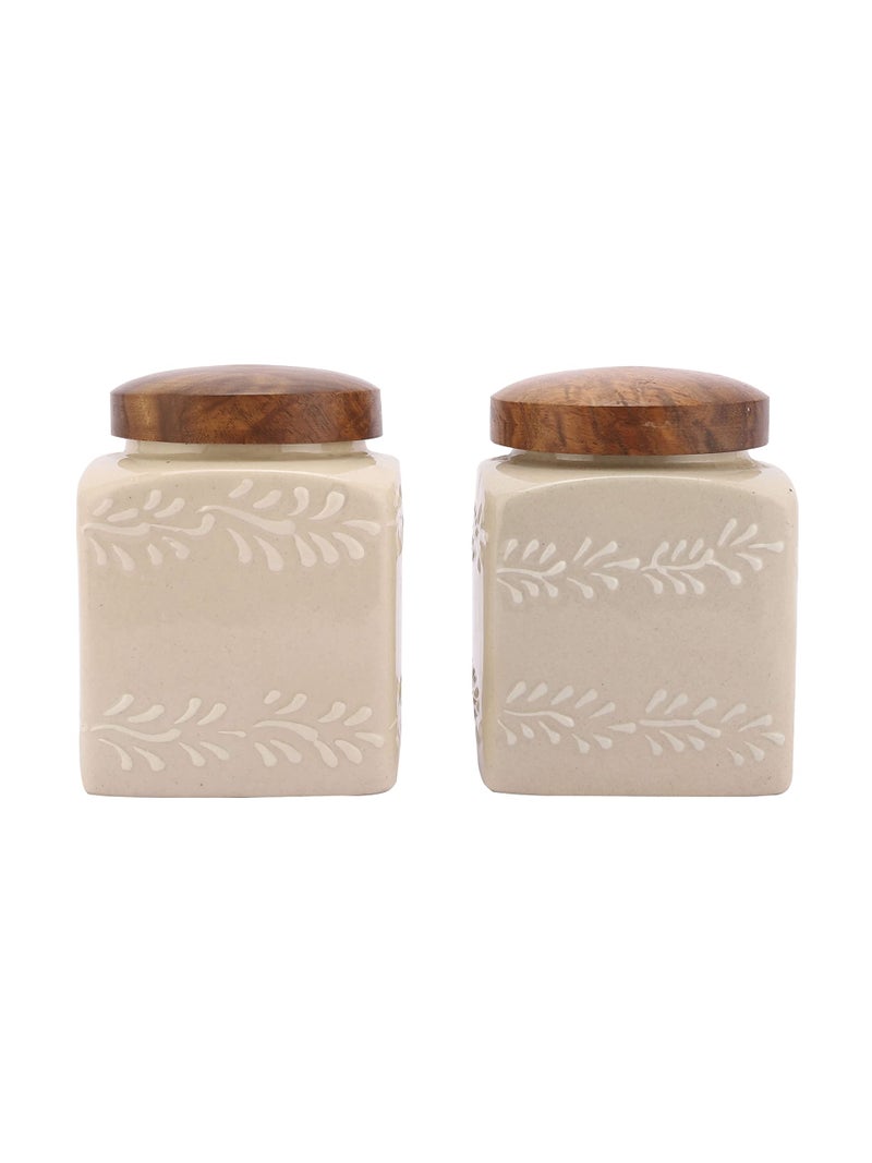 Miah Decor Ceramic Jars for Kitchen Storage with Wooden Lid Tea Coffee Sugar Pickle Spices Stoneware Canister Food Storage Jar Box with Airtight Silicone Seal-Pack of 2-Ivory - Image 1