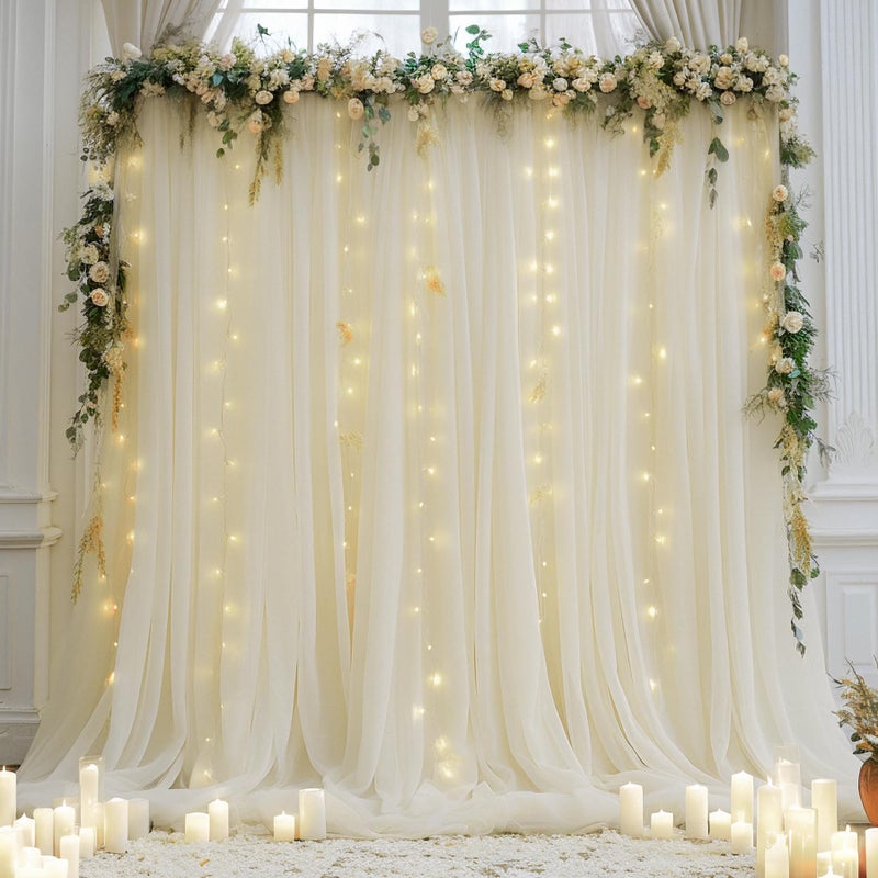Shillance 10ft x 10ft Ivory Backdrop Curtain with Lights String for Parties, Sheer Tulle Wedding Photo Backdrops Drapes for Baby Shower Birthday Party Decorations Background for Photography - Image 1